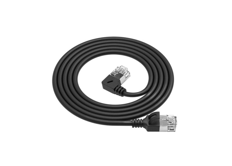 ACT Zwarte 1,5 meter U/FTP CAT6A LSZH Slimline patchkabel met RJ45 connectoren recht naar 90° haaks links