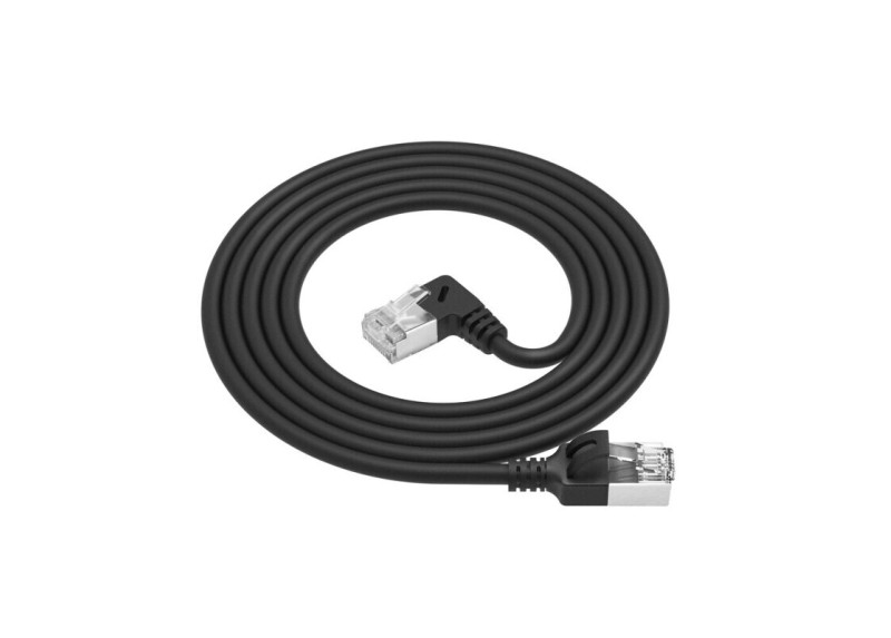 ACT Zwarte 0,25 meter U/FTP CAT6A LSZH Slimline patchkabel met RJ45 connectoren recht naar 90° haaks rechts