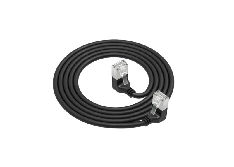 ACT Zwarte 1 meter U/FTP CAT6A LSZH Slimline patchkabel met RJ45 connectoren 90° haaks beneden naar 90° haaks beneden