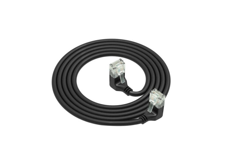 ACT Zwarte 1,5 meter U/UTP CAT6A LSZH Slimline patchkabel met RJ45 connectoren 90° haaks beneden naar 90° haaks beneden