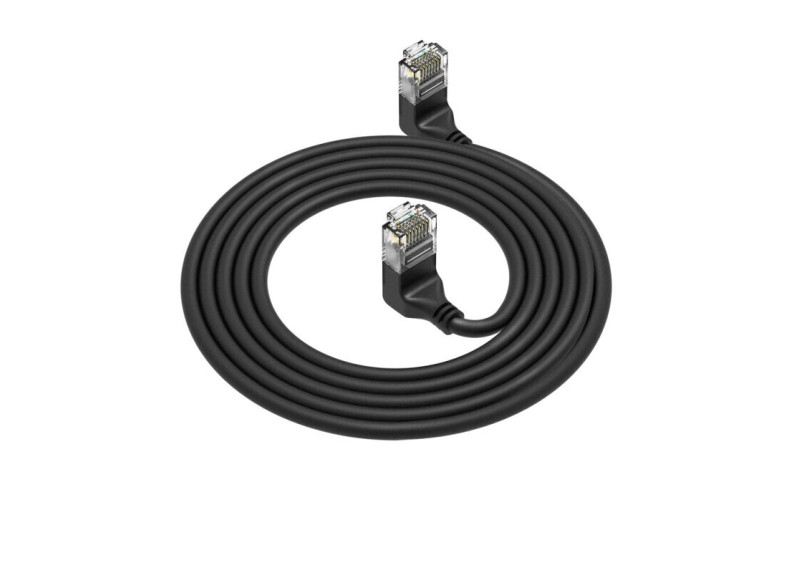 ACT Zwarte 1 meter U/UTP CAT6A LSZH Slimline patchkabel met RJ45 connectoren 90° haaks boven naar 90° haaks boven