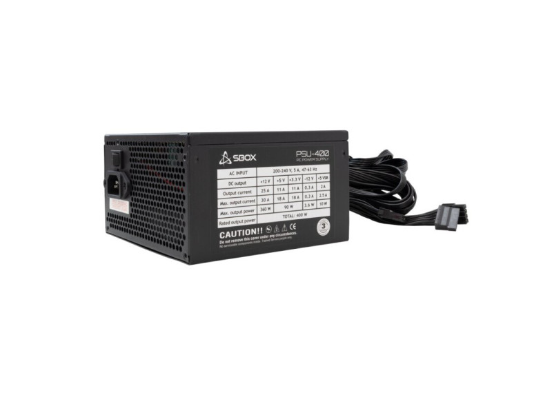SBOX Voeding | 400W | 120 mm Fan | 140 mm Lengte | 24-pin + 4/8-pin CPU | 3× SATA | PCI-E 6-pin | Molex | Zwart Metaal | RETAIL