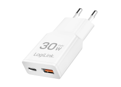 Lader 230V 1xUSB-C 30W+1xUSB-A 18W LogiLink Wit