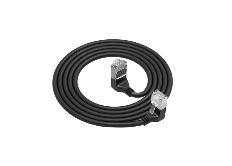 ACT Zwarte 2 meter U/FTP CAT6A LSZH Slimline patchkabel met RJ45 connectoren 90° haaks beneden naar 90° haaks boven