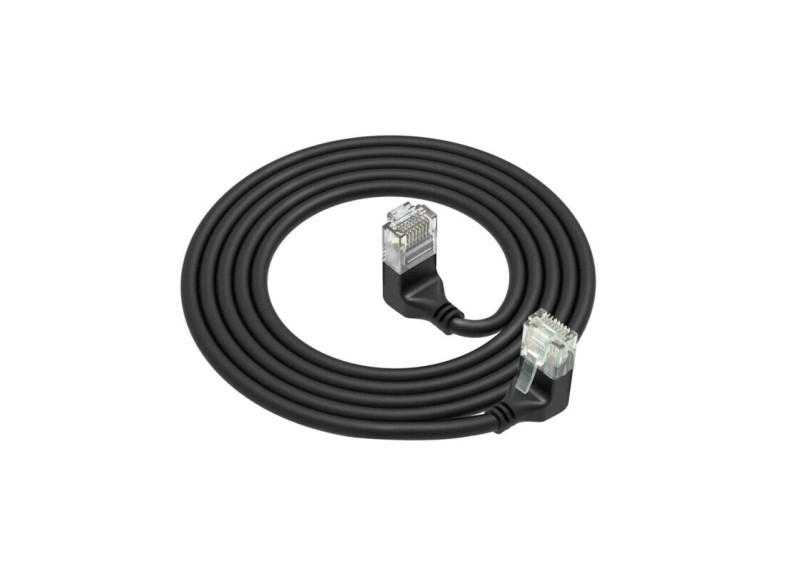 ACT Zwarte 1,5 meter U/UTP CAT6A LSZH Slimline patchkabel met RJ45 connectoren 90° haaks beneden naar 90° haaks boven
